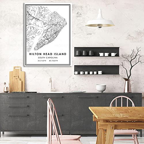 Yangld Schwarz-weiße Weltstadtkarte auf Leinwand, Gemälde HILTON HEAD ISLAND, Stadtlinie, Wandkunstdruck, Poster, Raumdekoration, Bild, 50 x 75 cm, ohne Rahmen