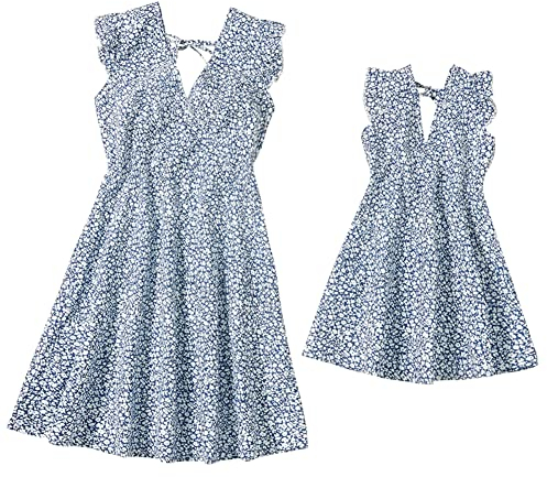 Mutter Tochter Kleid Sommerkleid Partnerlook Mama und Mich Kleidung Outfits V-Ausschnitt Chiffonkleid Geblümt Strandkleid Familien Passenden Partykleid Damen Mädchen Freizeitkleid Blau Blumen M