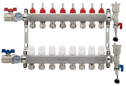 Vancoco Collettore di Calore Radiante a 8 Circuiti con Eurocone 3/4 (16 x 2 mm), Distributore di Circuiti di Riscaldamento, Kit Collettore PEX con Misuratori di Flusso e Valvole a Mano