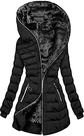 Générique Manteaux Femme Hiver Doublé Polaire Chaud Manches Longues Blouson À Capuche fermeture éclair Grande Taille épaissir Duvet En Coton Parka Longue Couleur unie Slim Fit Veste