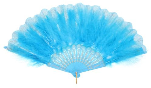 sourcing map Feather Hand Fan,Lake Blue Vintage Folding Fan Feather Fan Handheld for Halloween Party Wedding Dancing Decoration