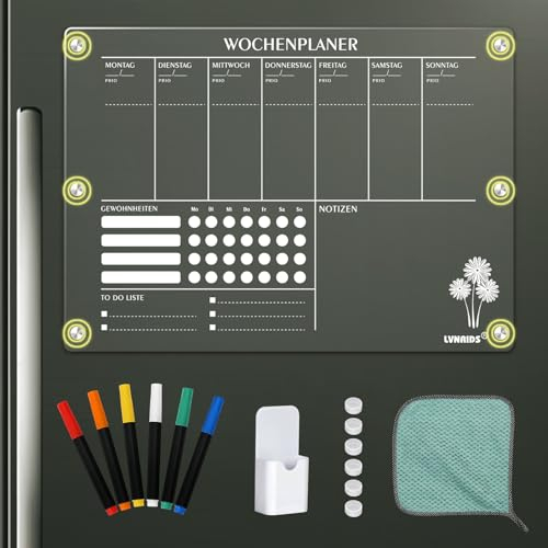 LVNRIDS Magnetisch Kalender Wochenplaner Abwischbar Kühlschrank, 42 x 30cm Deutsch Acryl Magnettafel Kalender für Kühlschrank, Acryl Transparent Planungstafeln(Wochenalender)