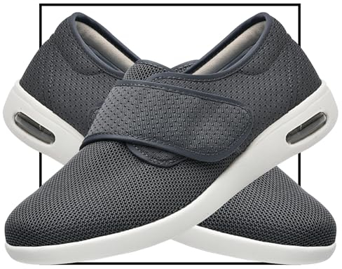 Extra breite Schuhe für Herren, anpassbares Netzgewebe, atmungsaktiv, leicht, Luftpolster, Wanderschuhe, Diabetiker-Schuhe für Damen und Herren, grau, 45 EU