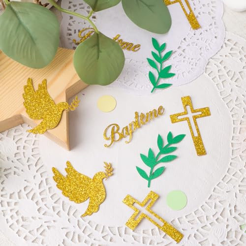 COLOFALLA 100 Stücke Taufe Konfetti - Gold, Religiöses Glitzer-Papier - Kreuz, Taube, Blatt, Punkt - Taufe, Kommunion, Konfirmation, Baby Shower