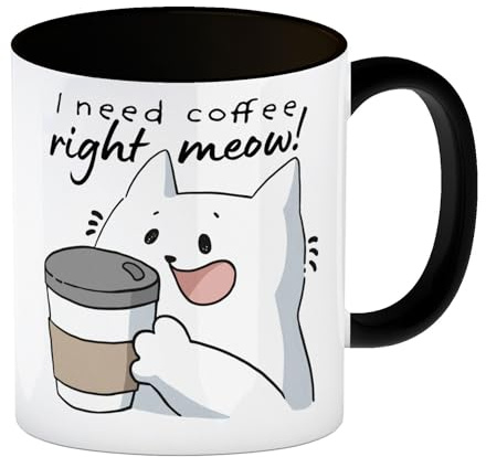 Katze Kaffeebecher in schwarz mit Spruch I need coffee right meow Cup für Kaffeesüchtige Morgenmuffel tolles Montag-Geburtstagsgeschenk für Mann oder Frau