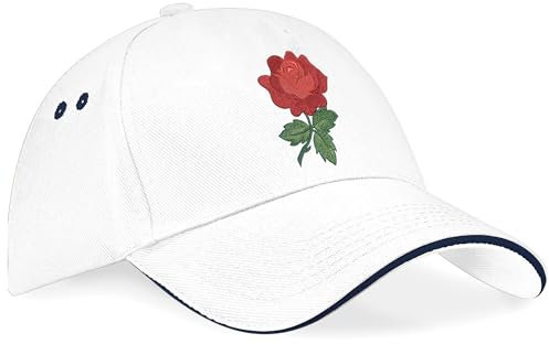 Purple Print House English Rose Embroidery Cap Rugby Fans England Supporters Hat Unisex, One Size, White/Navy