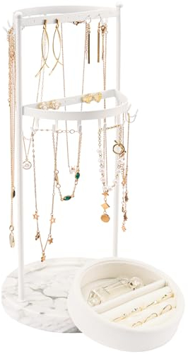 ProCase Présentoir Bijoux Femme, Porte Collier, Porte Boucle d’Oreille Bracelet, Support Bijoux en Metal avec Un Plateau Bague Velours Amovible, Base en Marbre -Blanc