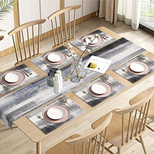 Emvency Grey Table Runner and Placemats Set of 6, Abstract Dark Gray Table Decorations for Indoor Outdoor Dining Table Decor(1 Table Runner 72 inches Long and 6 Placemats), CZH24030102-ZQTZ