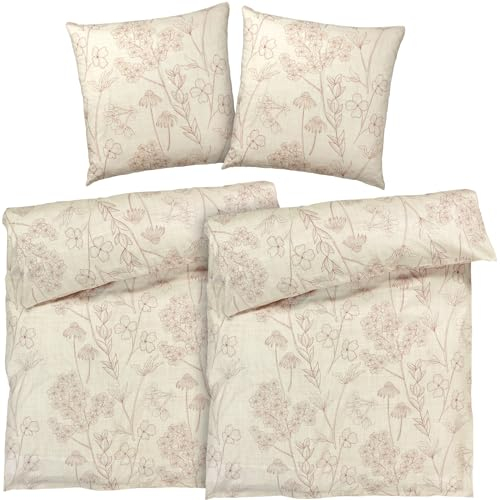 Pure Label Blumen Bettwäsche 4teilig 135x200 cm mit einem 2er Set Kissenbezüge 80x80 cm - Traumhaft weiches Bettwäsche-Sets 135 x 200 cm in Creme aus 100% Baumwolle mit YKK Reißverschluss