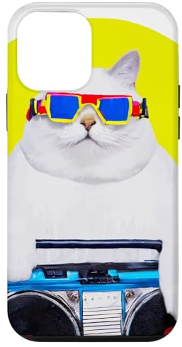 Hülle für iPhone 12 mini dicker weißer Kater mit Ghettoblaster im 80er Look Musik