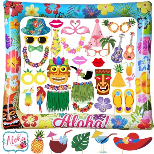 Sommer Fotobox Accessoires Hawaii 36 STK. Foto Requisiten Set Aloha Aufblasbarer Fotorahmen Luau Party Supplies Poolparty Deko Flamingo Photo Booth Sommerparty Zubehör