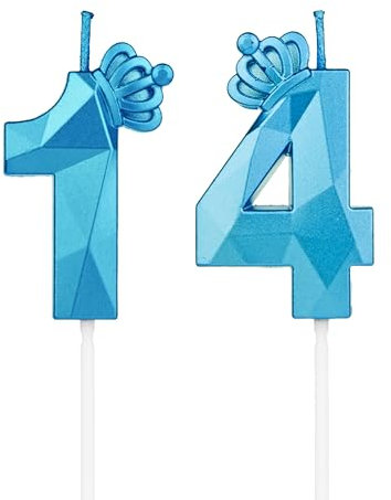 Geburtstagskerzen Zahlen 14 mit Krone,3D Kerzen Geburtstag für Kuchen geburtstagsdeko, Geburtstag Kerzen Zahlen, Geburtstagskerzen Kinder für Partys, Hochzeiten, Firmenfeiern, Jubiläen (Blau, #14)