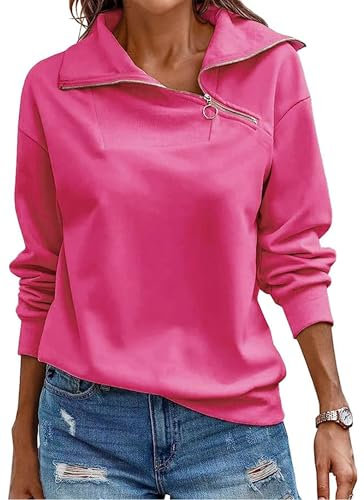 Cuptacc Damen Pullover Winter Quarter Zip Rollkragen Langärmelig Sport Top Damen Loose Baisc Einfarbig Outfit Rosa, Mittel M 38-40