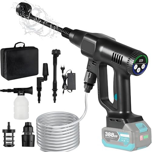Akku Hochdruckreiniger mit Verstellbar Winkeln Düse, 3-Stufiger Max 200 Bar| 3500W Leistung|6-IN-1 Düse|15000mA Batterien für Makita 18V Akku| 5m Schlauch,Schwarz (Ohne Batterie)
