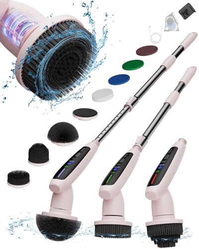 TECFUN Electric Spin Scrubber, 2024 New Full-Body IPX7 Waterproof Bathroom Cleaner Brush, Shower Scrubber with Extendable Handle & 2 Speed, Interactive LED, Cleaning Supplies for Tub,Tile,Floor-Pink