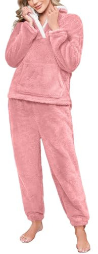 CMTOP Pigiama Donna Invernale Caldo Pigiama in Pile Due Pezzi Felpato Pigiama da Casa con Tasche e Pantalone Lungo da Notte Lounge Sleepwear Sets Morbido e Soffice(Rosa Arancio, XL)