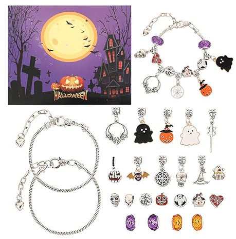 Schmuck-Adventskalender 2024, Halloween-Adventskalender 2024, trendiges Schmuck-Set für erwachsene Frauen und Teenager-Mädchen, 24-Tage-Bastelset, Charm-Halskette, Armband-Set,