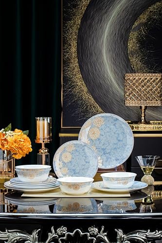 FHGNYSM Teller und Darm aus Knochenporzellan, 12-teilig, sehr splitter- und rissfest, spülmaschinen- und mikrowellengeeignet, dicht und durchscheinend