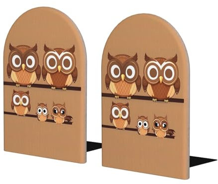 Serre-livres en bois avec base en métal - Motif chouettes - Marron