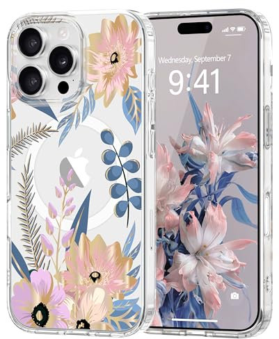 Pepmune Floral Magnetic Case for iPhone 16 Pro [Compatible with Magsafe] Clear Anti-yellowing Phone Cover Cute Anti-Scratch Flower Pattern,Soft TPU Slim Protective for Girls Women-Blossom