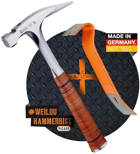 PICARD Marteau de couvreur n° 790 ½ + Mini BlackGiant® + autocollant - Poids total : 800 g - Surface rugueuse - Support magnétique - Protection contre la corrosion - Manche en acier avec poignée en