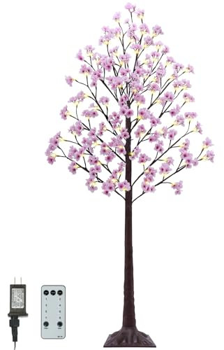 Árbol de cerezo iluminado de 6 pies, árbol de cerezo artificial artificial con 112 luces, 336 flores exuberantes, temporizador, control remoto, 8 modos, árbol rosa para primavera, boda, fiesta,