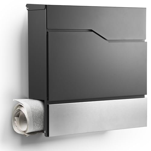 Moderner Briefkasten Personalisierbar Tokio Anthrazit RAL7016 - mit Zeitungsfach - Wandbriefkasten mit Edelstahl Namensschild und Hausnummer Gravur I Rostfrei und UV-beständig (Ohne Gravur)