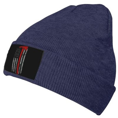 Stretchy Soft Warm Daily Winter Cuffed Firefighter Axe Red Line Flag Print Knitted Beanie hat for Men and Women, Navy Blue, One size