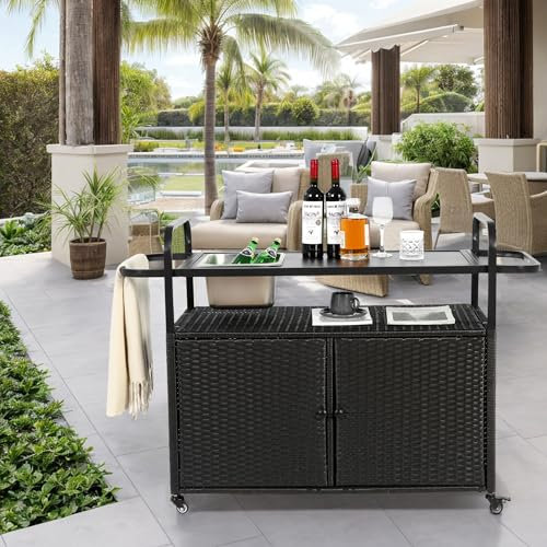 Stehtisch für den Außenbereich, Barwagen aus Rattan mit Schrank, Servierwagen für die Terrasse mit Stahlplatte, Eiskübel inklusive,feststellbare Räder, Seitenkorb für Garten, Terrasse und Pool,Schwarz