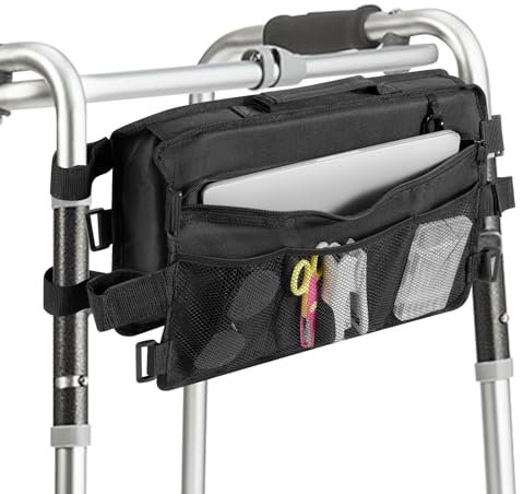 Walker Tote Bag with Cup Holder, Large Walking Frame Bag, Walker Basket Folding Walker Attachment Hands-Free Storage Basket Mobility Accessory Pouch for Elderly, Senior