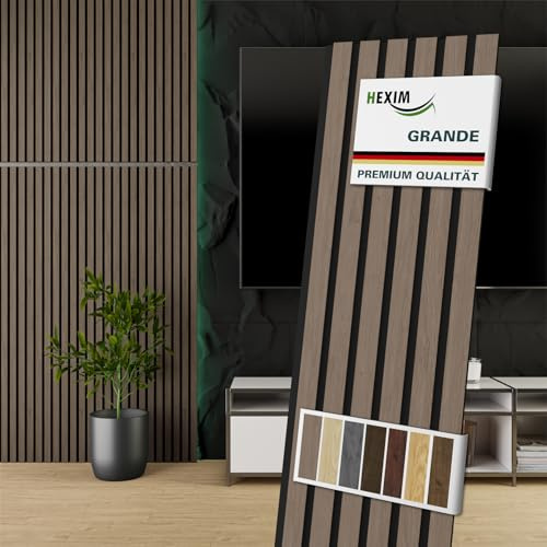 HEXIM Akustikpaneele 8 Stück 140x30cm Holz Grande - Wandpaneele Platten Lamellen Holzpaneele Echtholzfurnier 21mm Filz Schalldämmung MDF Braun (3,35m² American Walnut)