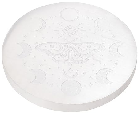FINGERINSPIRE Piastra di Ricarica in Cristallo di Selenite per Cristalli e Pietre Curative 85x8.5mm Lastra di Cristallo in Gesso Rotonda con Falena e Fase Lunare per Casa Purificazione Energetica