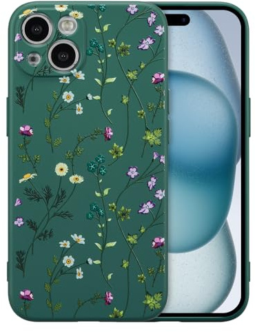 RALEAVO Case for iPhone 15 Plus, Cute Flower Silicone Cover, Dark Green | For iPhone 15 Plus Liquid Silicone Phone Case, for Girls Women Aesthetic Flowers Shockproof Protective Soft Cover