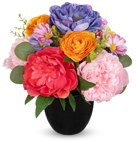 Arborus Kunstblumen wie Echt im Schwarzen Topf 34cm Künstliche Blumen Pfingstrose Ranunkel Blumenarrangement Blumen Gesteck Ganzjährig Deko Frühlingsdeko Zimmerpflanze für Sideboard Fensterbank Küche