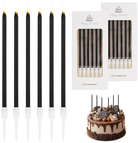 12 Stück Geburtstagskerzen Schwarze, Lange Dünne Kerzen Geburtstag | mit Haltern, Tortenkerzen Schwarz für Kuchen, Hochzeit, Party, Jubiläum, Babyparty