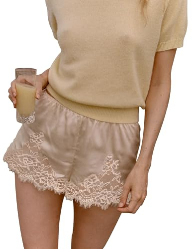 Damen-Dessous mit Spitzenbesatz, Satin, Y2K, glänzend, elastische Taille, Seide, Slip, Mini-Shorts, Spitzenslip, Panties French Knickers, Lounge, lässige Hose, C Weiß, S
