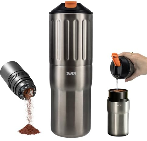 SPARKFE Elektrische Kaffeemühle & Handfilter-Set All-in-One Kaffeebereiter, Wiederaufladbare Mühle mit Edelstahl-Kegelmahlwerk, Pour-Over-Set mit Edelstahl-Filtereinsatz & Reisebechern, Silbergrau
