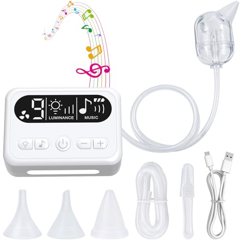 Yaskyly Mouche Bebe Electrique, 65Kpa Mouche Bébé Électrique 9 Niveaux d’Aspiration Aspirateur Nasal Bebe Electrique avec 3 Embout Silicone, Musique et Lumière Apaisantes, Recharge USB-C pour Bébé