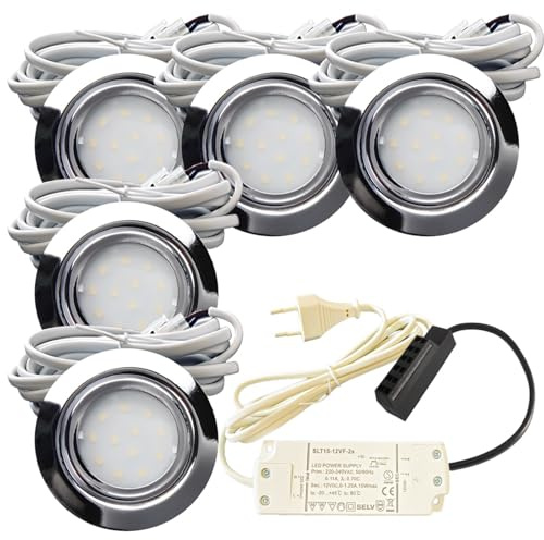 Lampen-Platz 5er Set LED Möbeleinbauleuchte Leni 12V 2,2W 4000K Neutralweiß Chrom | IP44 | Für Küche, Bad & Wohnbereich | Plug-and-Play Trafo mit Stecker | Ø54-60mm | Flach, nicht dimmbar
