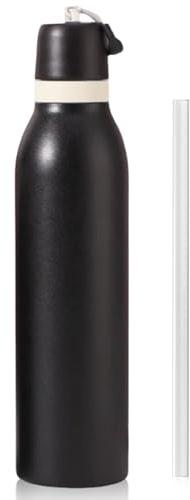 24oz Insulated Water Bottle with Straw & Strap, Stainless Steel Double Wall Vacuum Flask, Reusable Thermal Flask for Keeps 24H Cold/12H Hot, Leakproof BPA-Free for Travel, Gym, Hiking (Black)