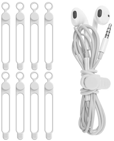 Nearockle Lot De 8 Sangles De Câble En Silicone Pour ÉCouteurs | Chargeur De TÉLÉPhone, Ordinateur, Attaches De Câble De Fixation RÉUtilisables Pour La Maison, Le Bureau (Blanc)