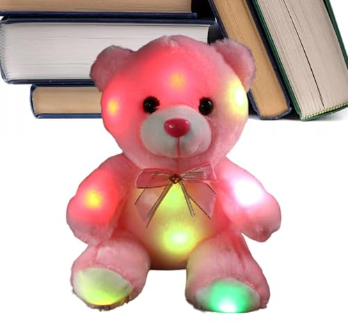 Generisch Ours lumineux à LED - Peluche douce rose - 20,3 cm - Coffre lumineux à piles - Adorable mini - Enfant dort ami - Camping Compagnon de jeu - Doudou
