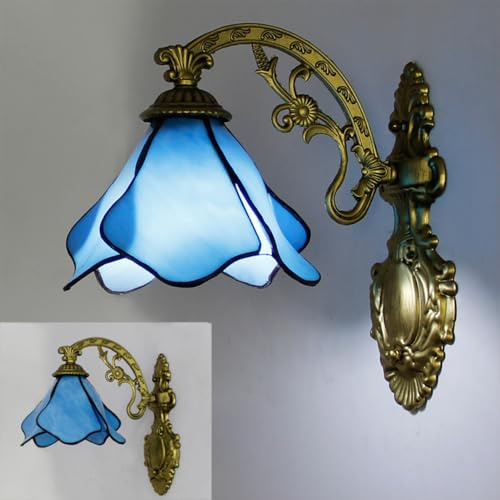 XINYASEE Tiffany-Wandlampe, Wandlampe aus Buntglas, Bronzesockel, Lampenschirm im Vintage-Blumen-/Muscheldesign, dekorative Leuchte für Schlafzimmer, Flure und Bars. (Blau)
