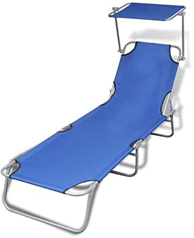 QJBSAVVA Lettino da giardino con tettuccio parasole, pieghevole, regolabile, portata fino a 110 kg, sdraio a tre gambe, per giardino, balcone, spiaggia, blu, 189 x 58 x 27 cm
