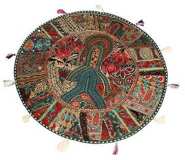 Rundes Bodenkissen, Boho-Stil, Patchwork, Pouf, Ottomane, Vintage, indischer Fußhocker, Sitzsack, Bodenkissen, Heimdekoration, Wohnzimmer, Ottomane, Bohemian-Kissen, 45,7 cm (grün)