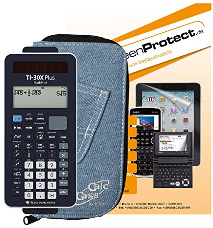 TI-30 X Plus MathPrint + Original CalcCase Schutztasche Jeans Hell + ScreenProtect Displayschutzfolie UltraClear