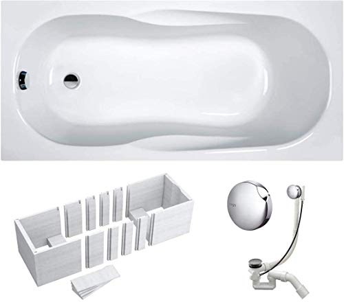 VBChome Badewanne 160x70x41 cm Acryl SET Rechteckwanne, Styroporträger, Siphon, Ablaufgarnitur Chrom, Modernes Design, Weiß, Robustes Material, Komfortable Badewanne, Einfache Montage, Zeitloser Stil