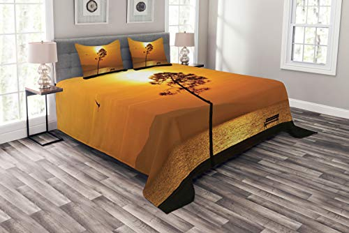 ABAKUHAUS Orange Tagesdecke Set, Romantischer Sonnenuntergang Twilight, Set mit Kissenbezügen Sommerdecke, für Doppelbetten 264 x 220 cm, Orange