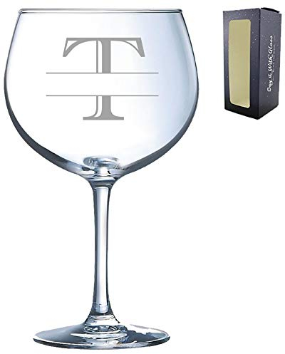 Personalised Engraved Novelty Initial and Name Juniper Cocktail/Gin Glass, Letter T, Personalise with Any Name, Gift Boxed, Perfect for Any Occasion