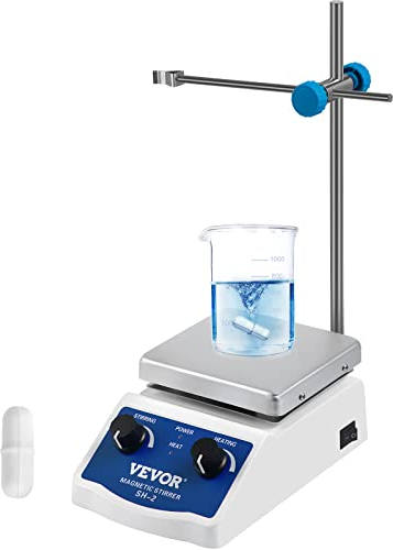 VEVOR Agitador Magnético SH-2, 100-2000 RPM Mezclador Magnético, con Placa Calentadora, Velocidad y Temperatura Ajustable, para Laboratorio, Barra Agitadora y Soporte Incluidos